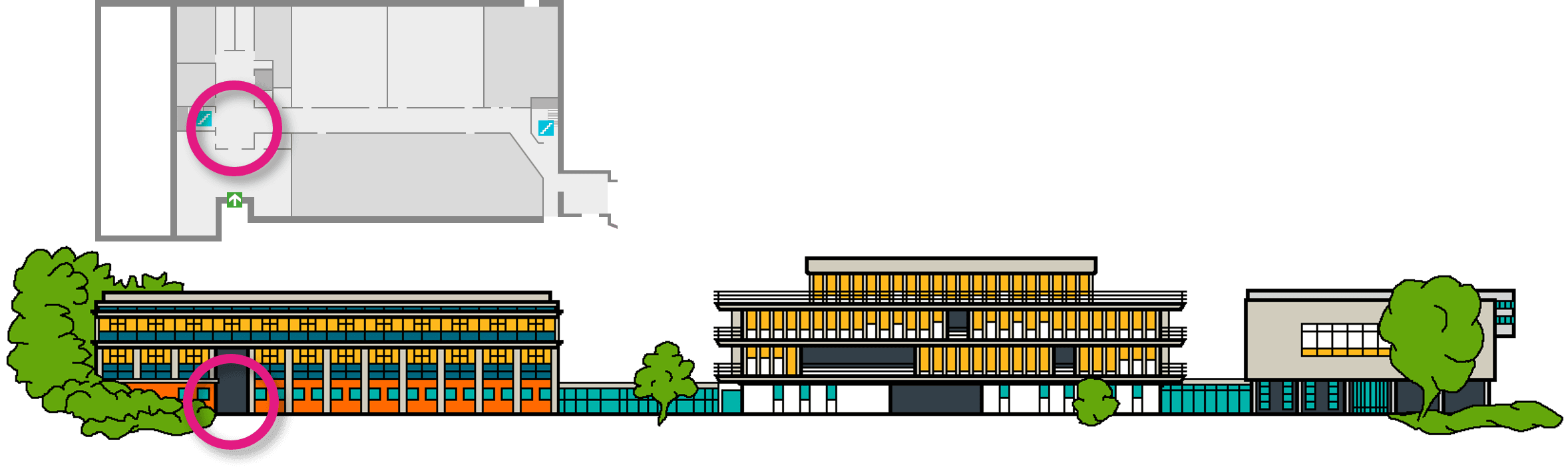 The Library entrance is temporarily located in the Fairhurst: the left-most building when approached from the lake.