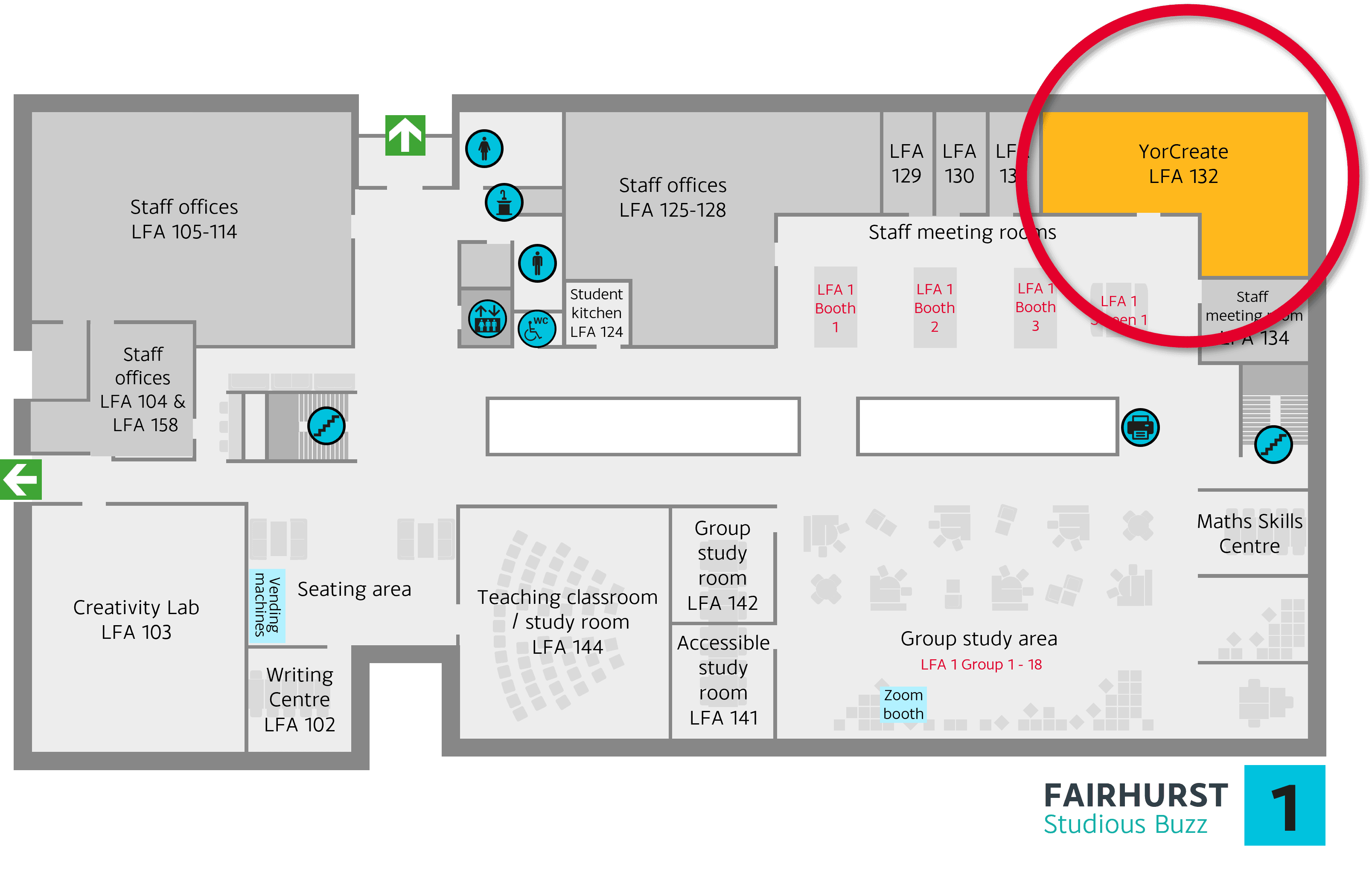 YorCreate is in the north-east corner of the first floor of the Fairhurst Building. Go up the first set of stairs and turn right.